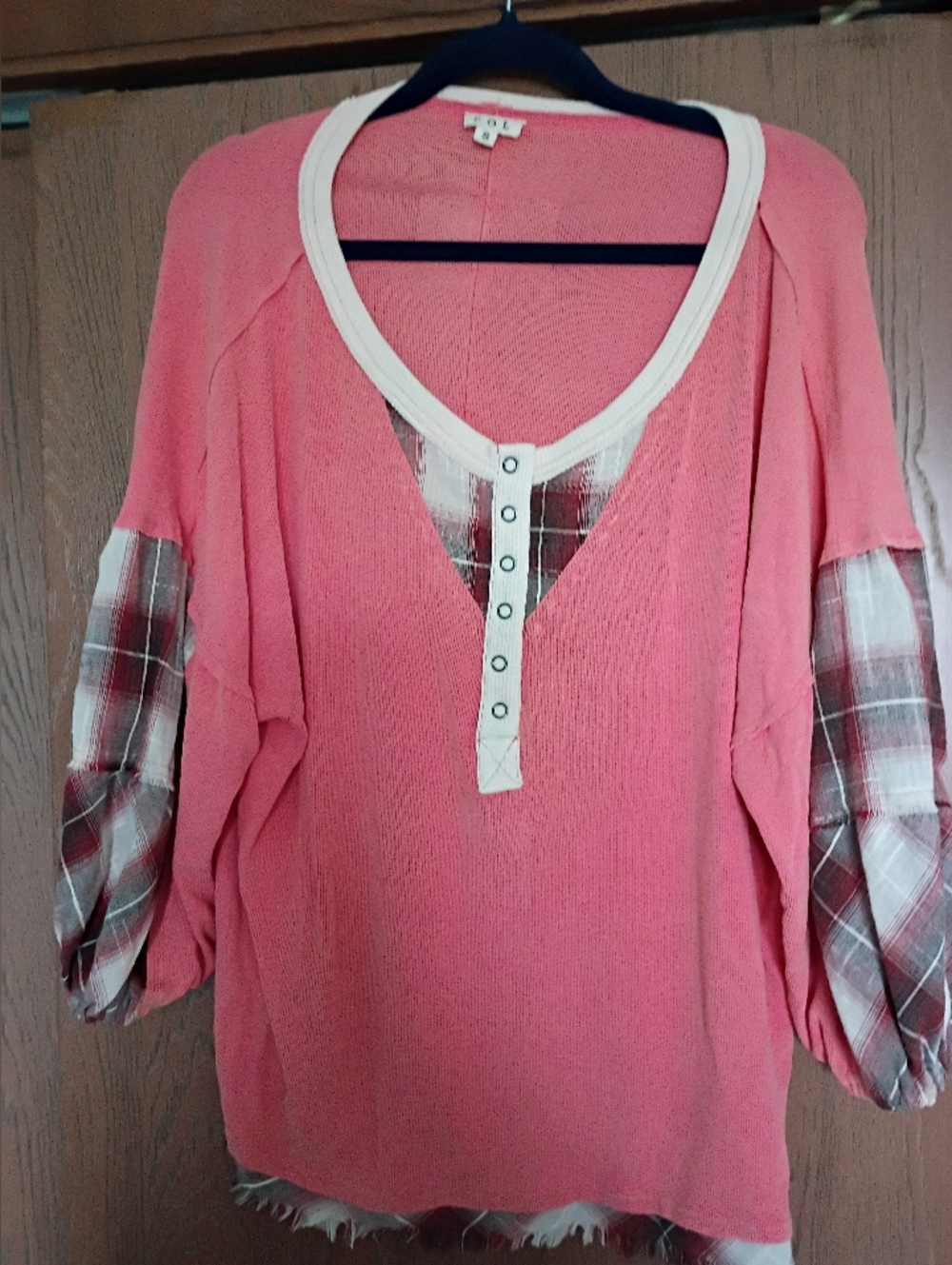POL, Henley Style Top, Watermelon With Plaid Accent, Fringe Hem, S, Oversized